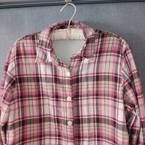 LEE Riders Womens Large Flannel Fleece Sherpa Button Down Plaid Pink Brown White